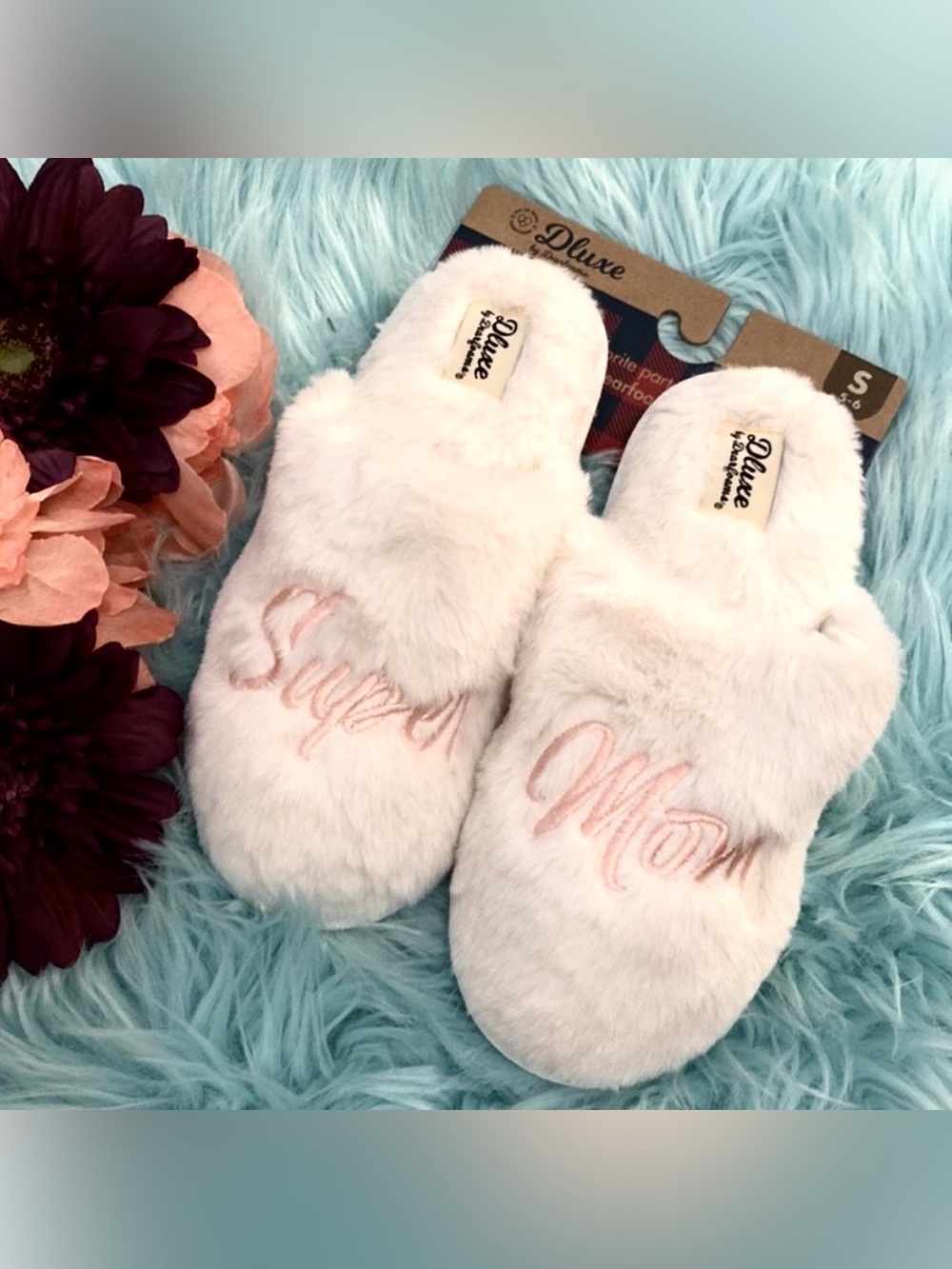 Women’s Slippers cream & Pink Dluxe Dearfoam Super Mom Slip Ons SML 5-6 NEW!